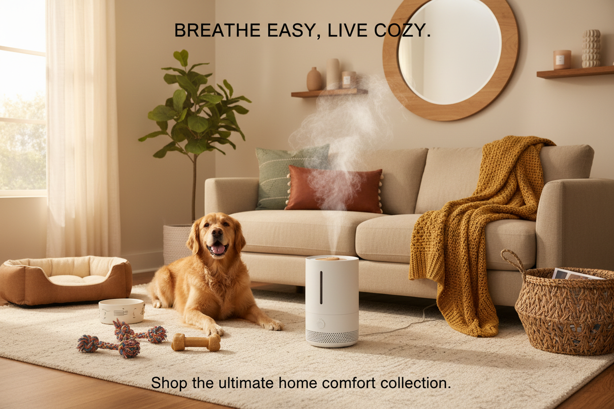 “Shopify banner with a cozy living room scene featuring a stylish air humidifier releasing gentle mist, a happy dog relaxing nearby with pet toys and accessories, warm natural tones, soft lighting, lifestyle photography style, inviting and homely aesthetic, widescreen 16:9.”